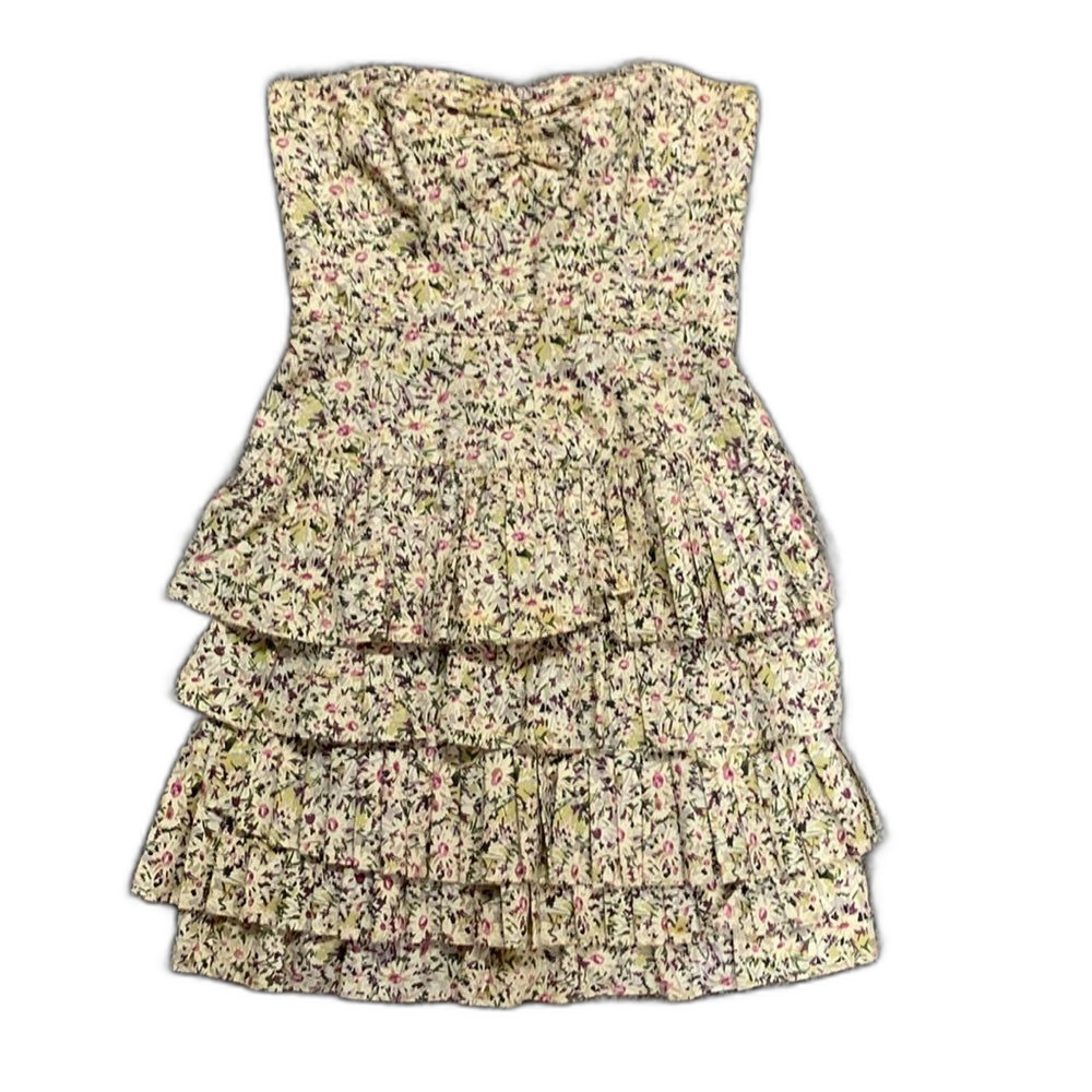 J. Crew Liberty of London Ivory Purple Floral Strapless Tiered Mini Dress Size 0 - Picture 2 of 16